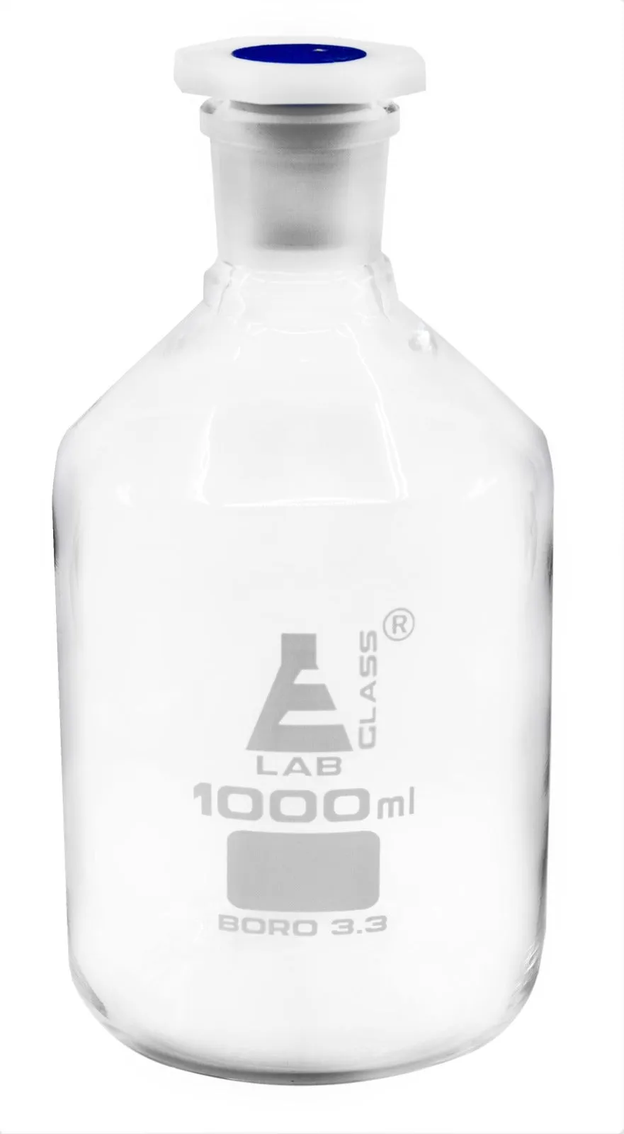 1000mL (33.8oz) Glass Reagent Bottle with Acid Proof Polypropylene Stopper, Borosilicate 3.3 Glass - Eisco Labs