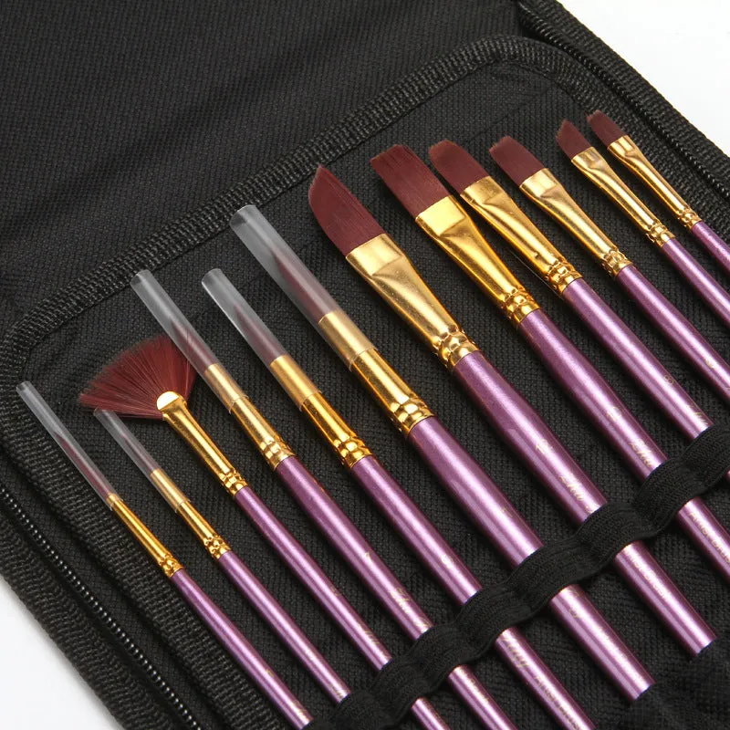 12 PCs Nylon Hair Brush Purple Rod Watercolor Brush Pens Set