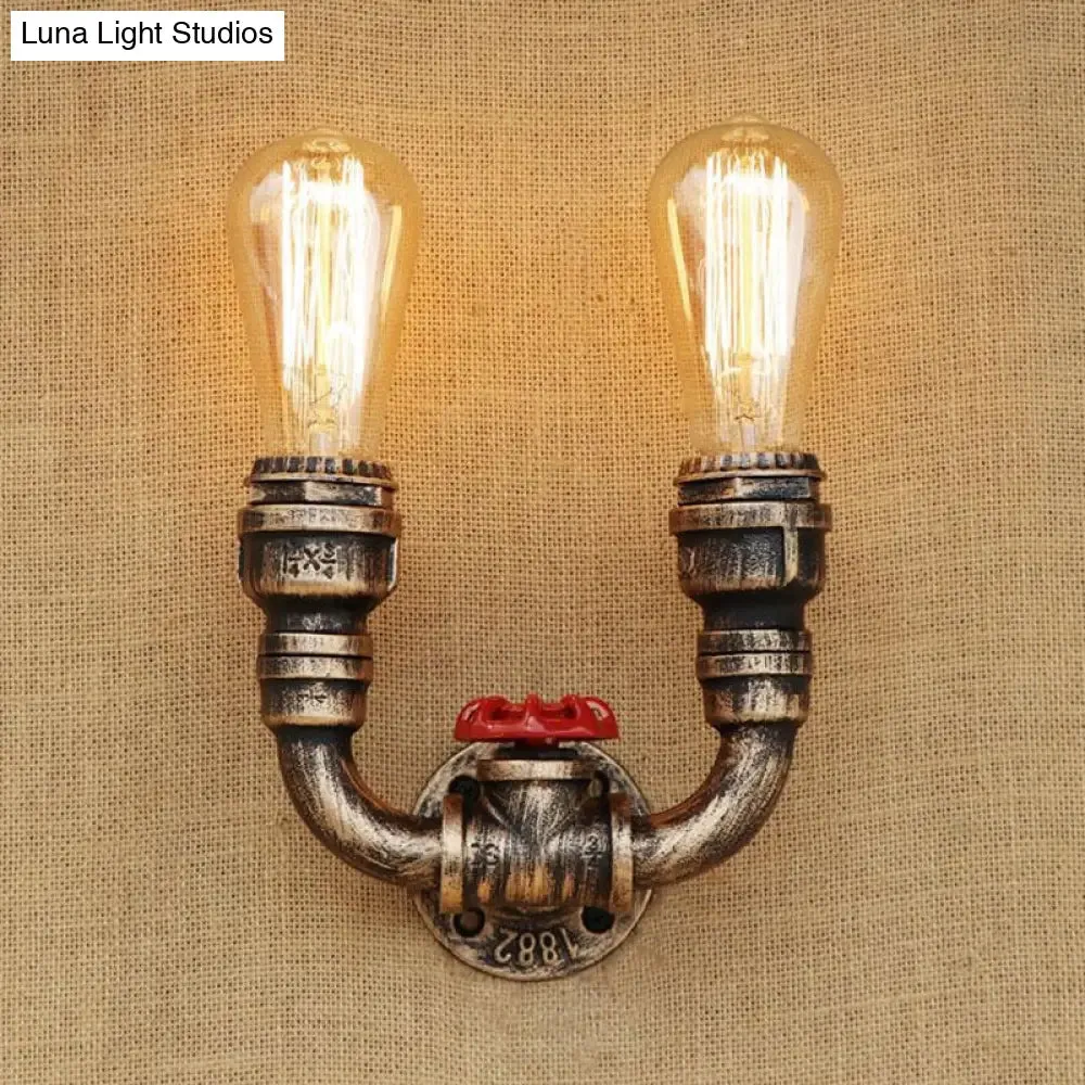 2-Head Wall Lighting in Warehouse Style: U-Shaped Wrought Iron Sconce with Aged Brass Pipe Fixture