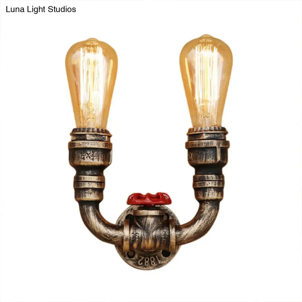 2-Head Wall Lighting in Warehouse Style: U-Shaped Wrought Iron Sconce with Aged Brass Pipe Fixture