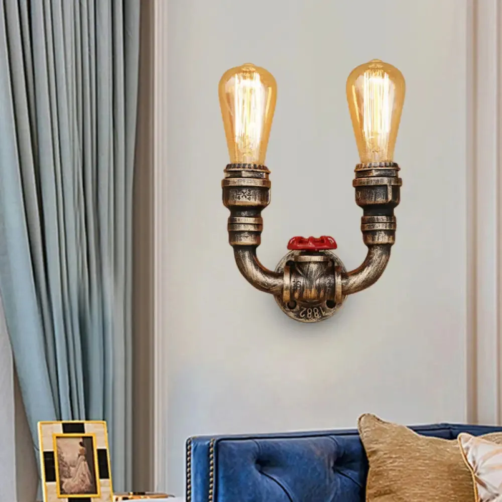 2-Head Wall Lighting in Warehouse Style: U-Shaped Wrought Iron Sconce with Aged Brass Pipe Fixture