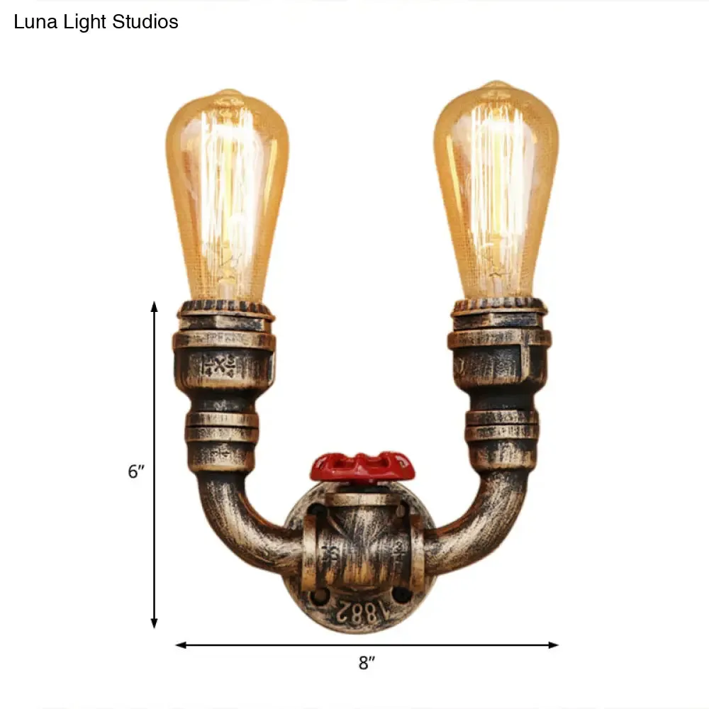 2-Head Wall Lighting in Warehouse Style: U-Shaped Wrought Iron Sconce with Aged Brass Pipe Fixture