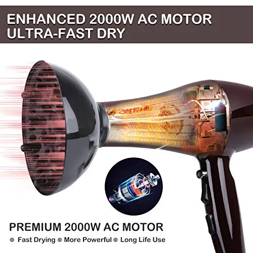 2000 Watt Hair Dryers, Xpoliman Professional Salon Hair Dryer with AC Motor, Negative Ionic Blow Dryer with Diffuser Concentrator Comb, 2 Speed 3 Heat Settings,Low Noise Long Life Style-Brown/Purple