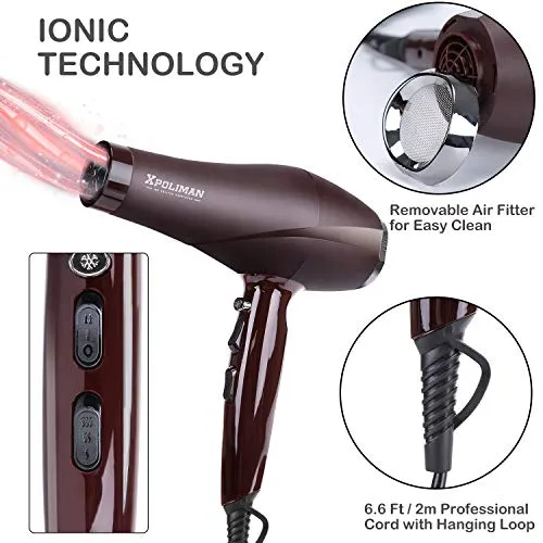 2000 Watt Hair Dryers, Xpoliman Professional Salon Hair Dryer with AC Motor, Negative Ionic Blow Dryer with Diffuser Concentrator Comb, 2 Speed 3 Heat Settings,Low Noise Long Life Style-Brown/Purple