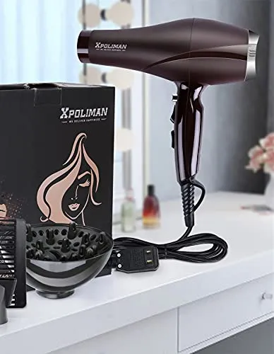 2000 Watt Hair Dryers, Xpoliman Professional Salon Hair Dryer with AC Motor, Negative Ionic Blow Dryer with Diffuser Concentrator Comb, 2 Speed 3 Heat Settings,Low Noise Long Life Style-Brown/Purple