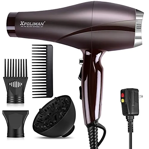 2000 Watt Hair Dryers, Xpoliman Professional Salon Hair Dryer with AC Motor, Negative Ionic Blow Dryer with Diffuser Concentrator Comb, 2 Speed 3 Heat Settings,Low Noise Long Life Style-Brown/Purple