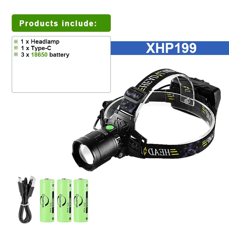 2023 Super XHP199 Powerful Headlamp Rechargeable Head Flashlight High Power Head Lamps XHP90 Led Headlight 18650 Fishing Lantern