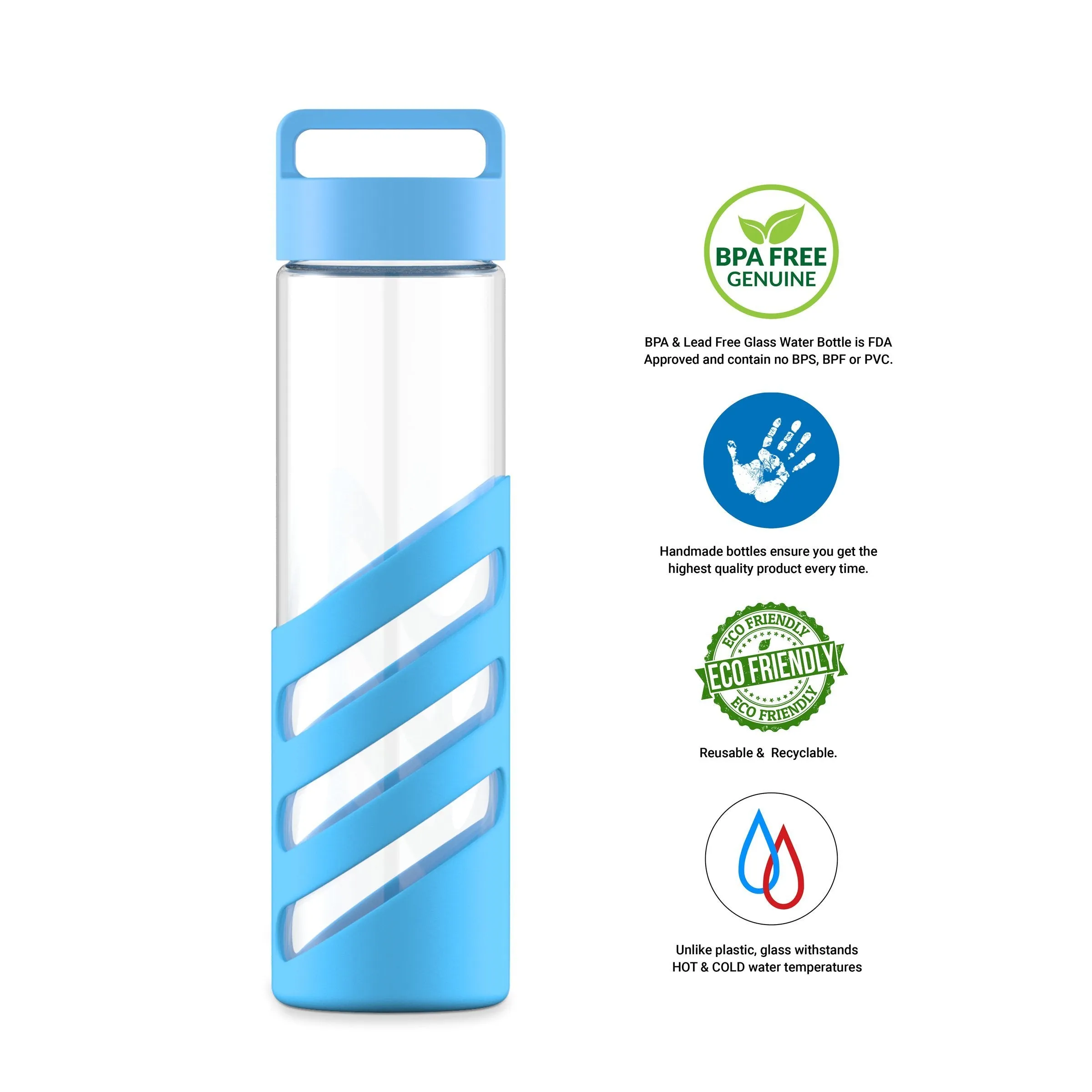 24 Ounce Glass Water Bottle, Sports Bottle, with Striped Cover Sleeve, GEO