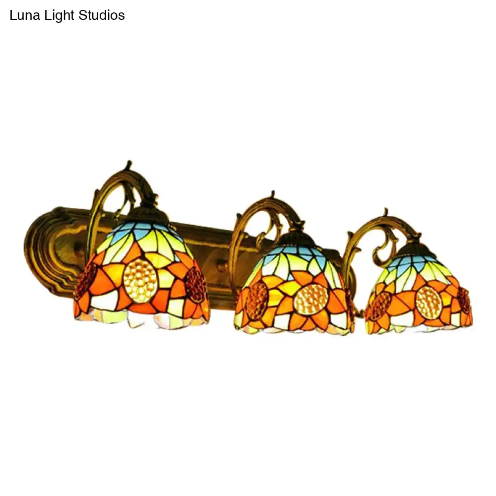 3-H Header Orange Vanity Wall Lighting, Lodge Tiffany Stained Glass with Yellow Flower/Sunflower Pattern