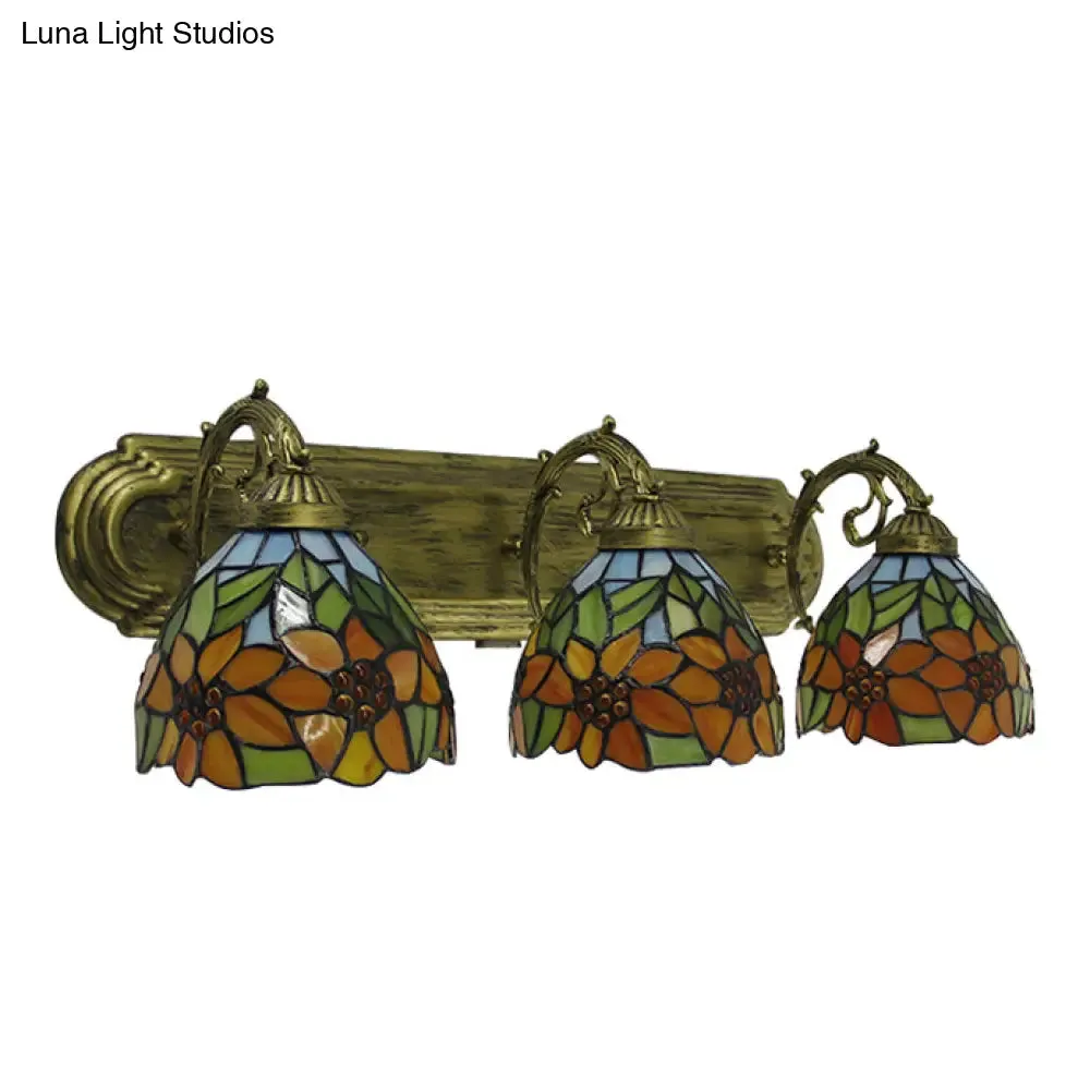 3-H Header Orange Vanity Wall Lighting, Lodge Tiffany Stained Glass with Yellow Flower/Sunflower Pattern