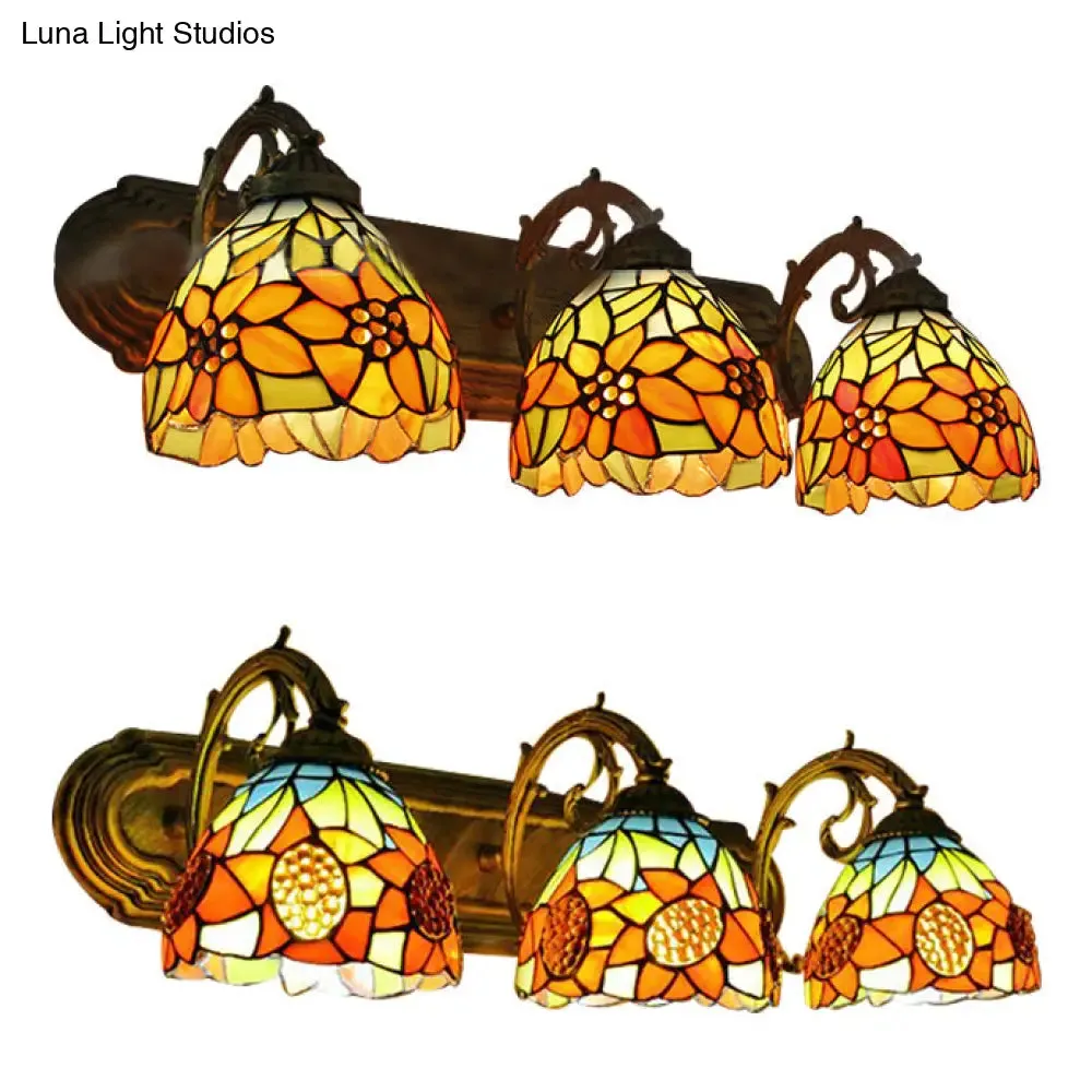 3-H Header Orange Vanity Wall Lighting, Lodge Tiffany Stained Glass with Yellow Flower/Sunflower Pattern