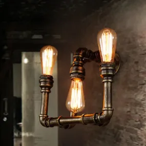 3-Head Industrial Sconce with Wrought Iron Pipe Design in Aged Brass for Hallway