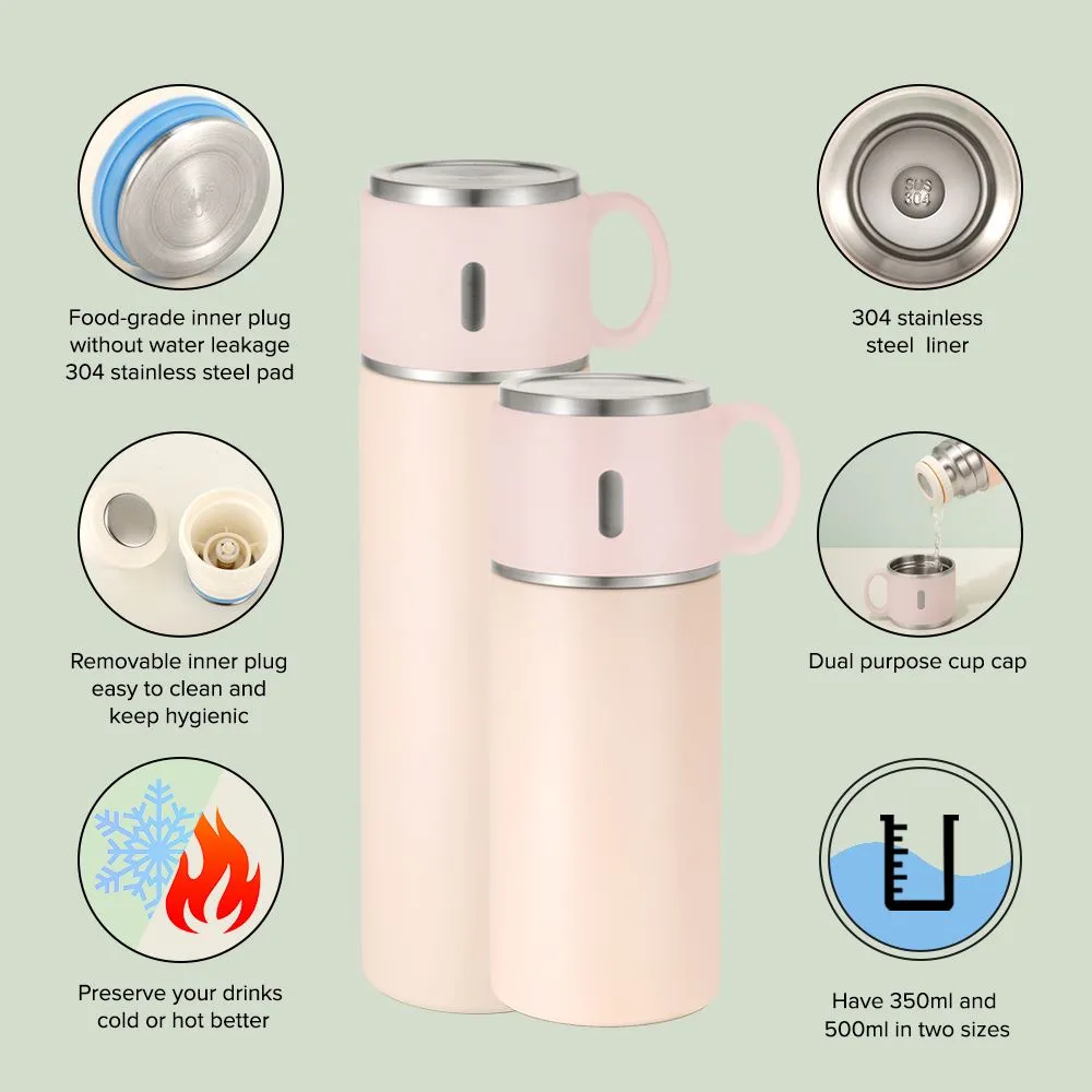 350ml Stainless Steel Bottle with Cup Lid - Pink