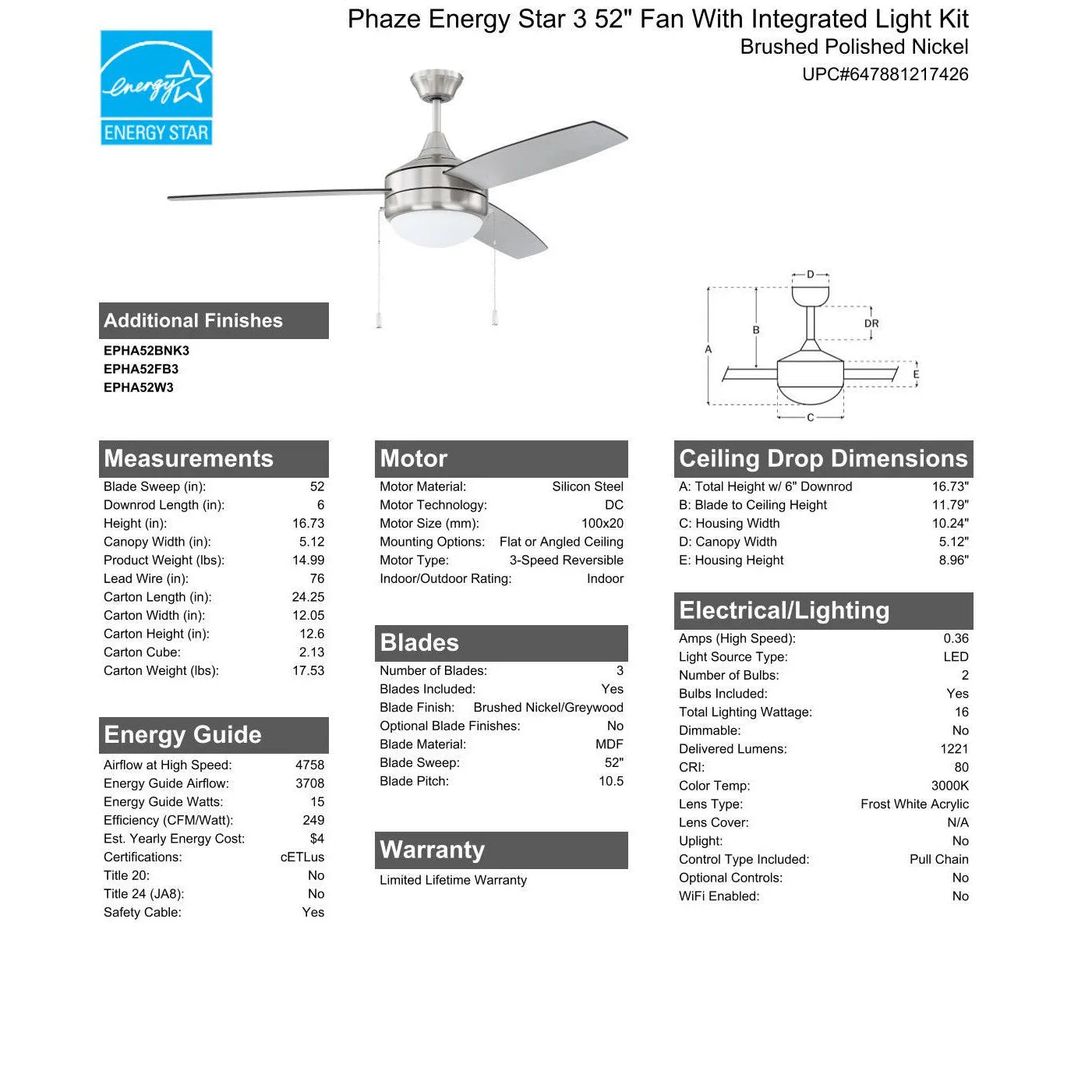 52" Phaze Energy Star 3 in Brushed Polished Nickel w/ Brushed Nickel/Greywood Blades