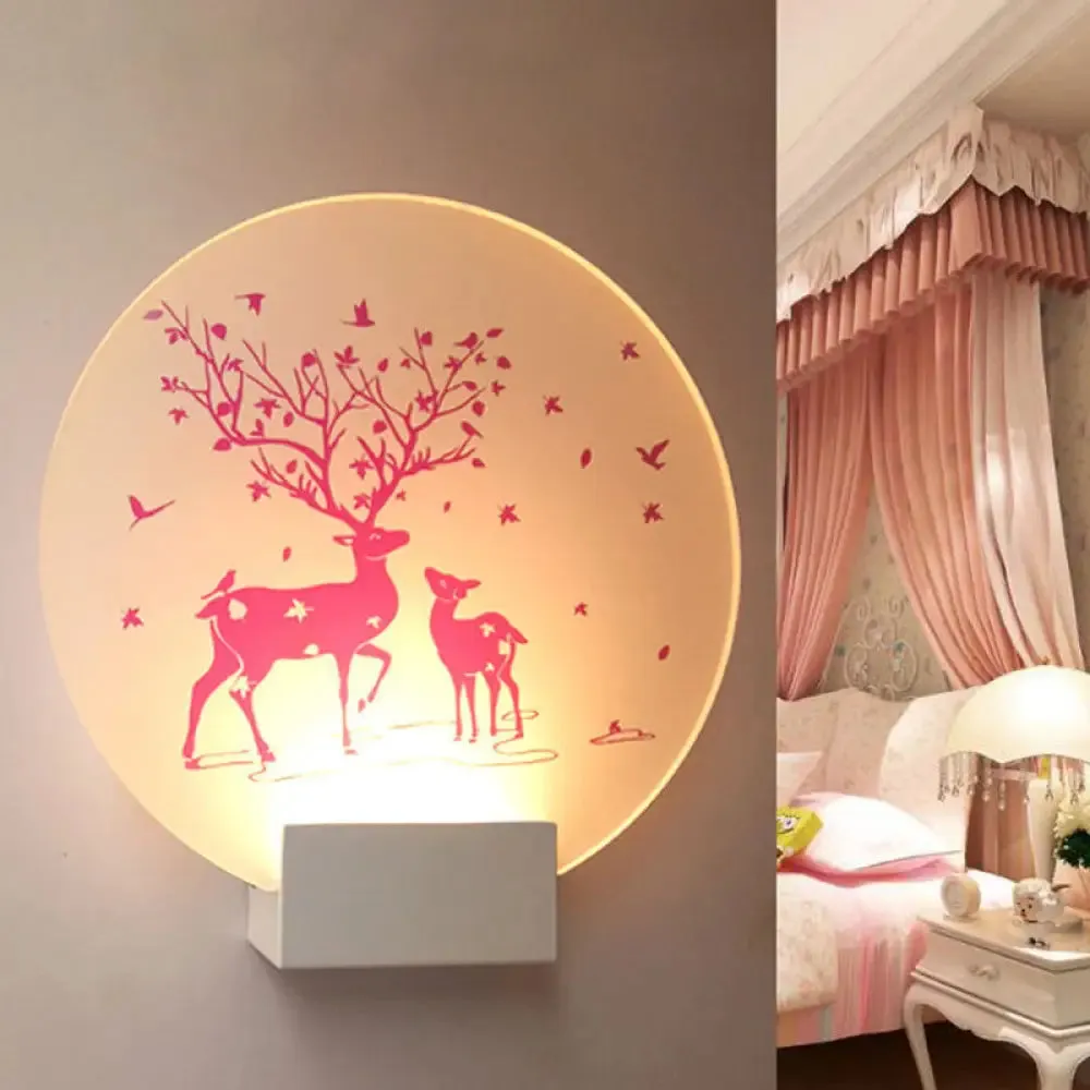 Acrylic LED Wall Sconce: Round/Square Nordic White and Pink/Purple Deer Mural Lighting for Bedside