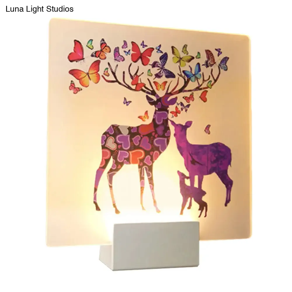 Acrylic LED Wall Sconce: Round/Square Nordic White and Pink/Purple Deer Mural Lighting for Bedside