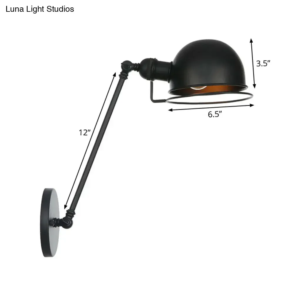 Adjustable Black Industrial Wall Lamp 8"/12" Hemispherical Iron with Wire Guard - Ideal Living Room Reading Light