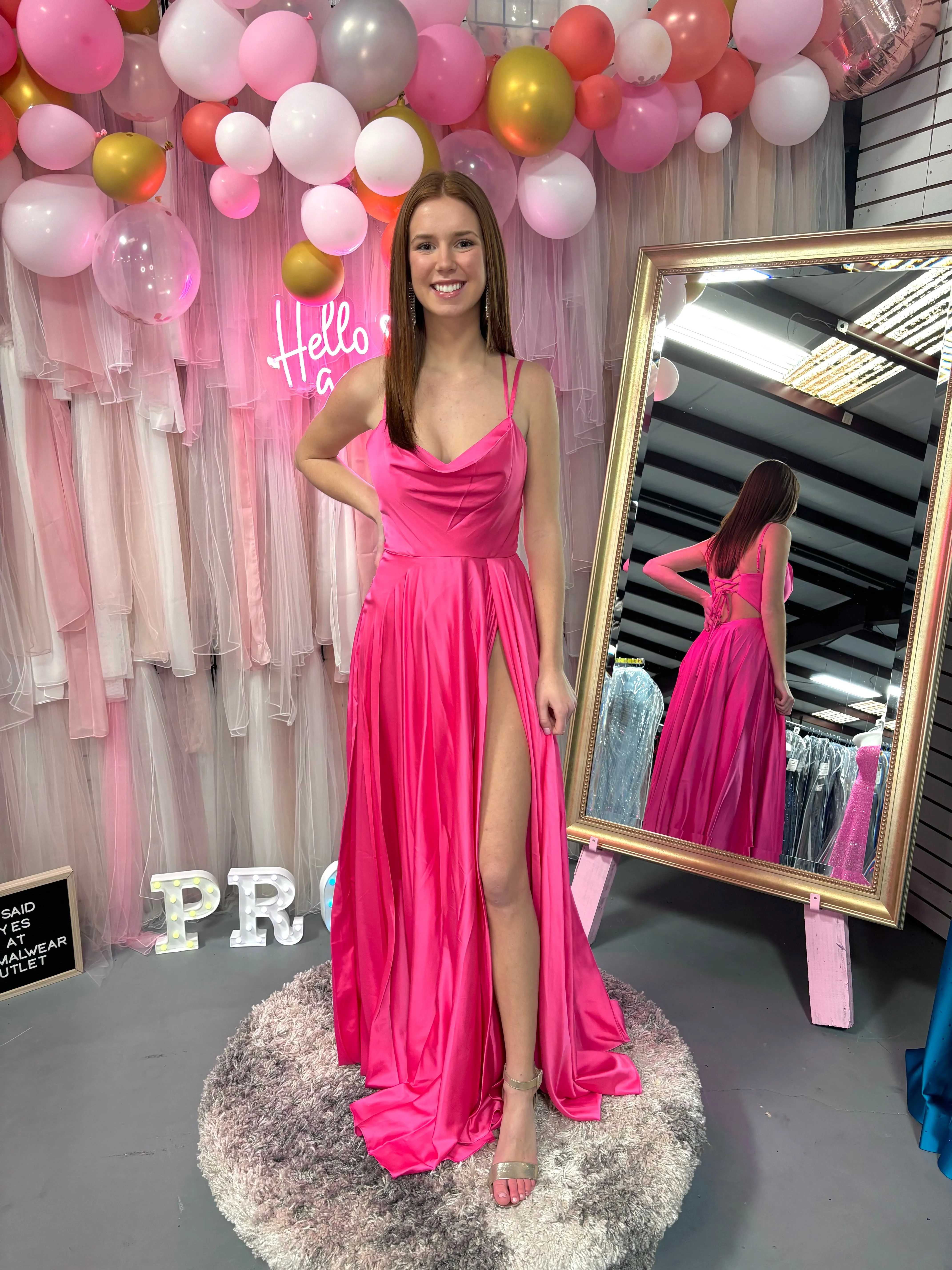 Alyce Paris 61462 Hot Pink Satin Chiffon Cowl Neck Dress with Slit - Size 8