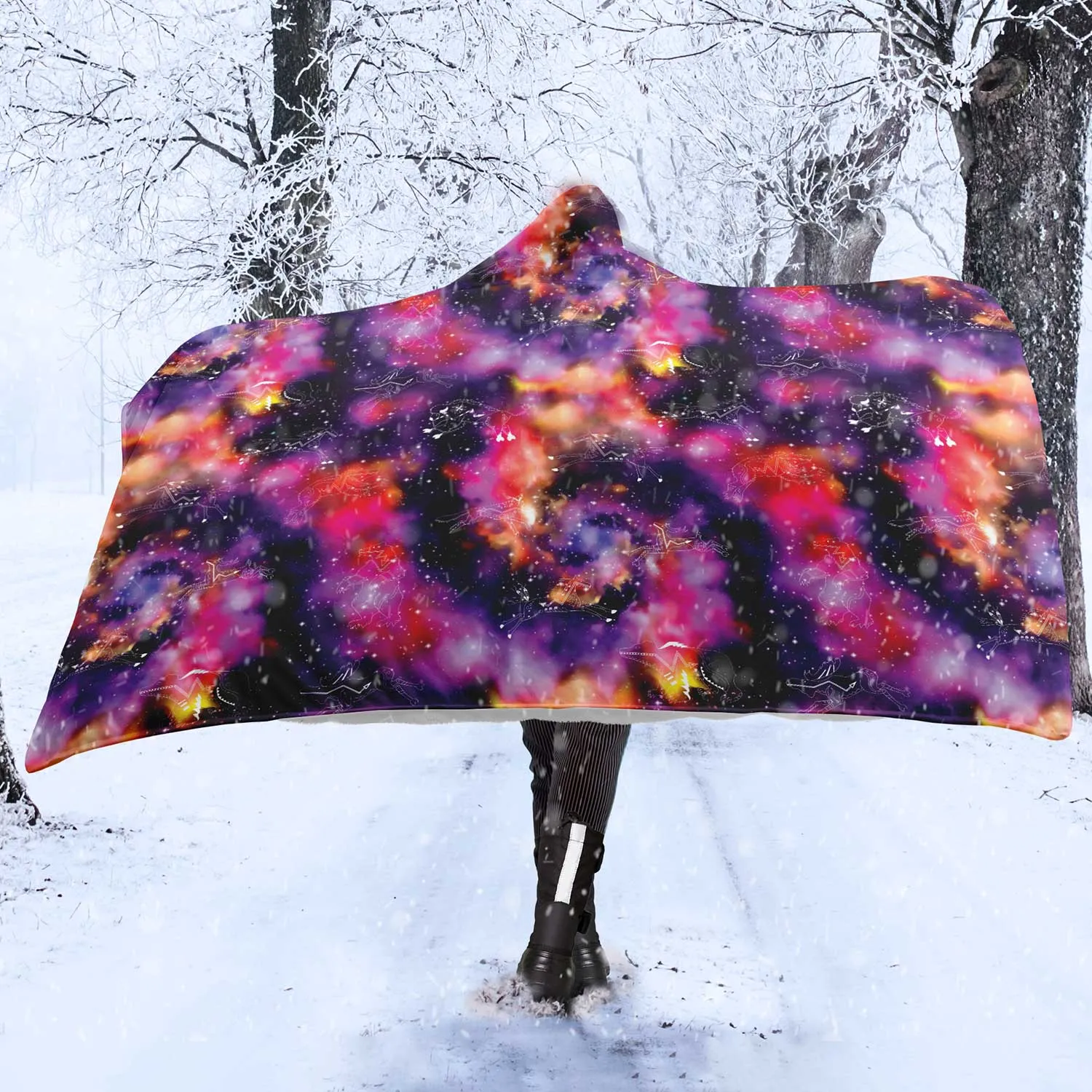 Animal Ancestors 9 Cosmic Swirl Purple and Red Hooded Blanket