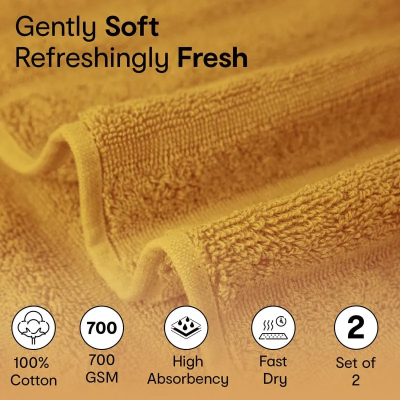 Anko Australia 100% Cotton 700 GSM Large Ribbed Bath Towel | Set of 2 | Super-Soft, Absorbent, Quick-Drying | White & Mustard Towel for Men, Women & Kids | 135x68 cm |Travel, Gym, Spa Towel