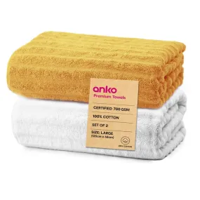 Anko Australia 100% Cotton 700 GSM Large Ribbed Bath Towel | Set of 2 | Super-Soft, Absorbent, Quick-Drying | White & Mustard Towel for Men, Women & Kids | 135x68 cm |Travel, Gym, Spa Towel