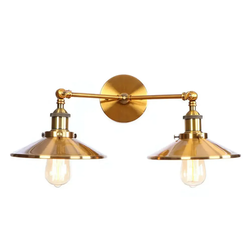 Antique Brass Wall Lamp with Dual Head and Adjustable Joint - Iron Horn/Scalloped/Cone Shade Included