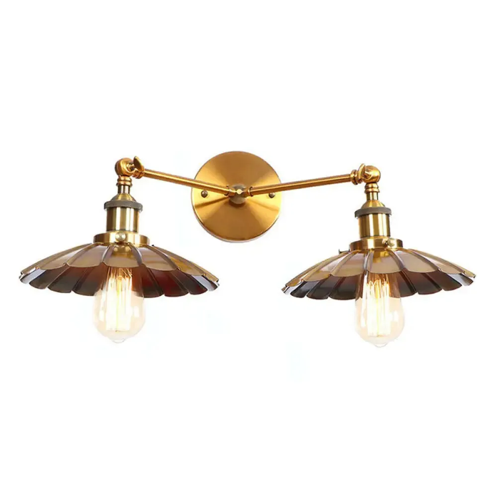 Antique Brass Wall Lamp with Dual Head and Adjustable Joint - Iron Horn/Scalloped/Cone Shade Included