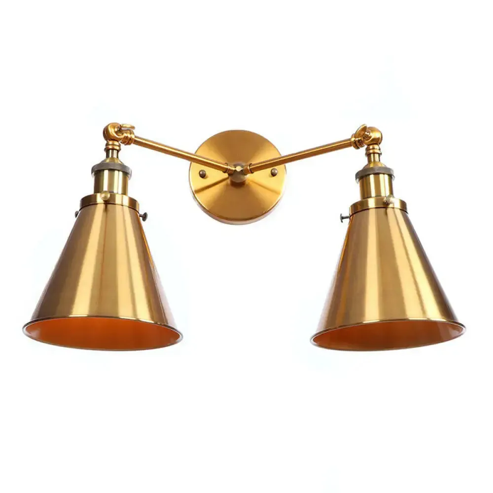 Antique Brass Wall Lamp with Dual Head and Adjustable Joint - Iron Horn/Scalloped/Cone Shade Included