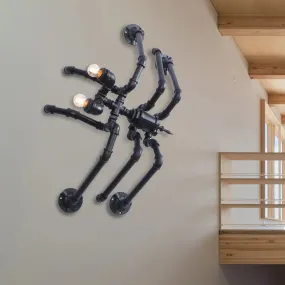 Antique Style Black Spider Wall Lamp: Metallic, Water Pipe Design, 2 Bulbs for Stairway