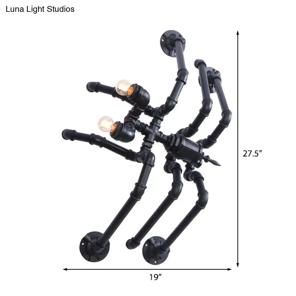 Antique Style Black Spider Wall Lamp: Metallic, Water Pipe Design, 2 Bulbs for Stairway