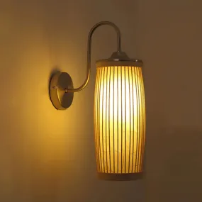 Asian Style Cylinder Bamboo and Metal Wall Lamp with Gooseneck Arm - 1 Bulb and Beige Shade