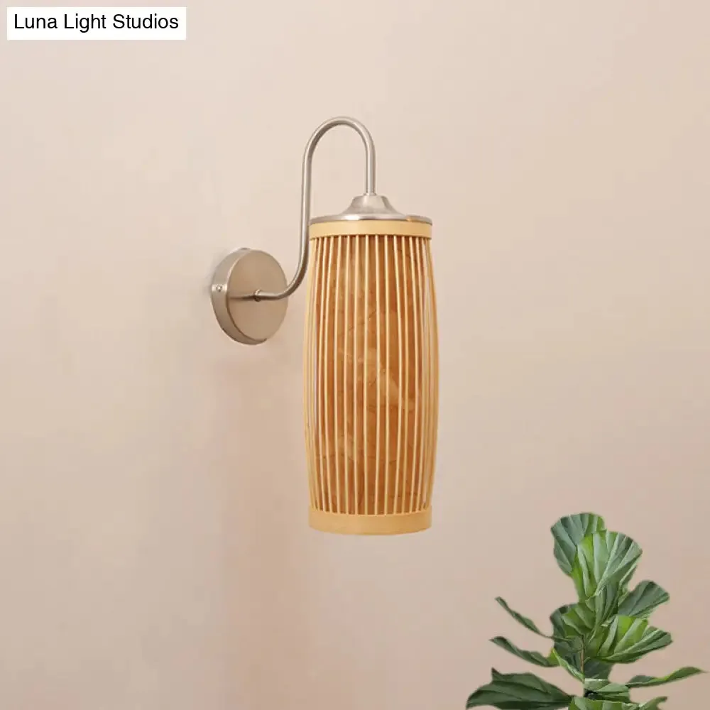 Asian Style Cylinder Bamboo and Metal Wall Lamp with Gooseneck Arm - 1 Bulb and Beige Shade