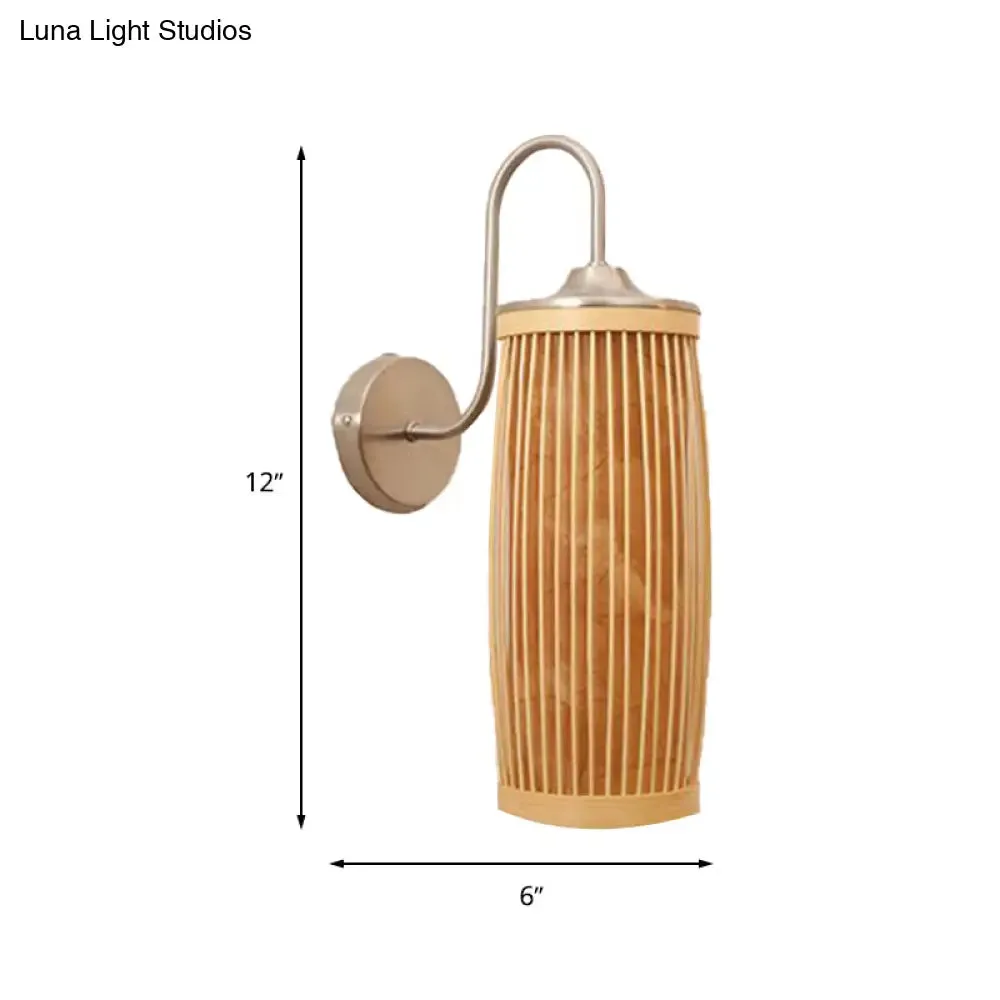 Asian Style Cylinder Bamboo and Metal Wall Lamp with Gooseneck Arm - 1 Bulb and Beige Shade