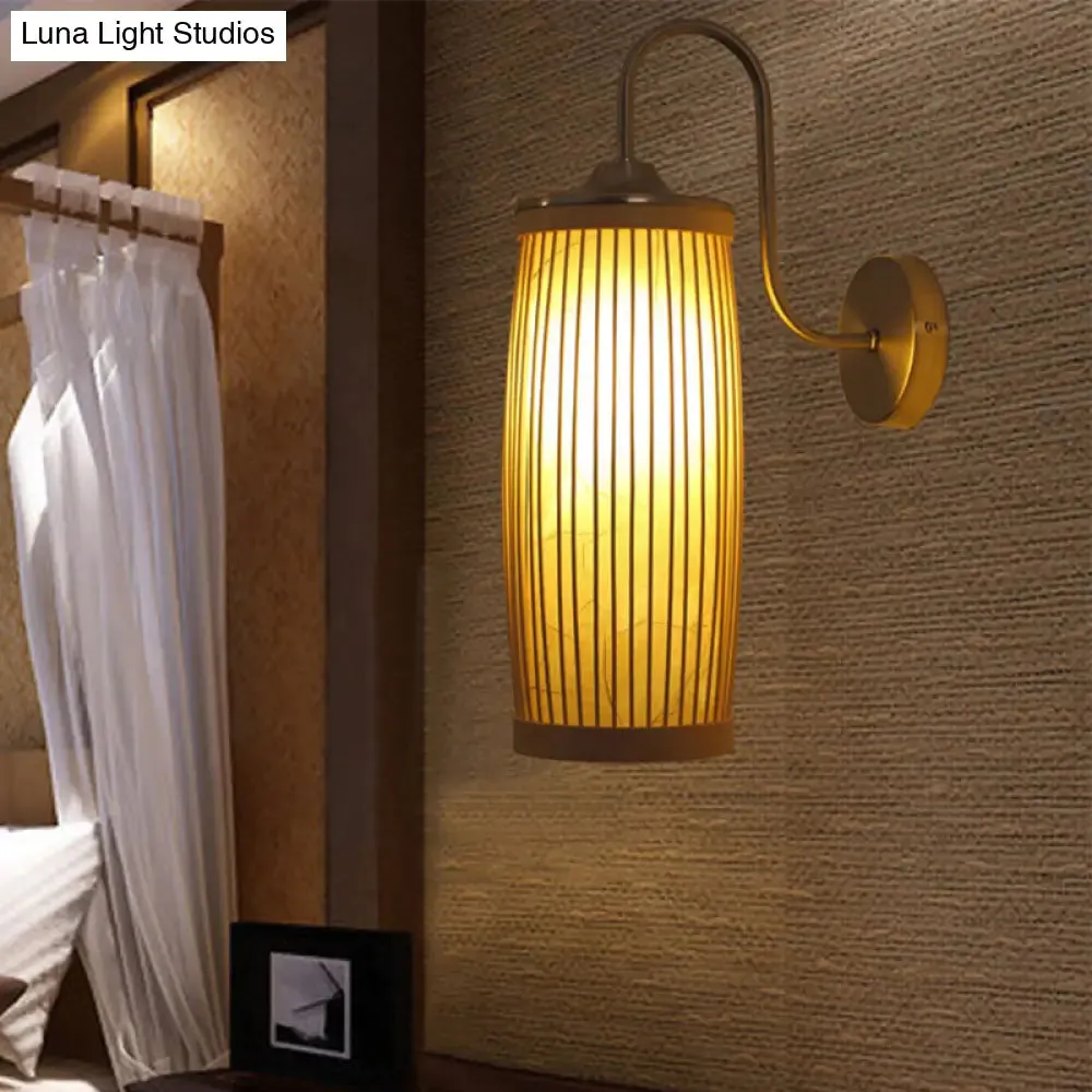 Asian Style Cylinder Bamboo and Metal Wall Lamp with Gooseneck Arm - 1 Bulb and Beige Shade