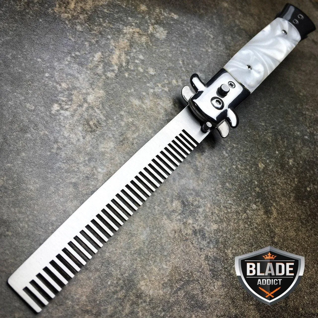 Auto Push Button Folding Comb Switchblade Knife Looking Brush Pearl