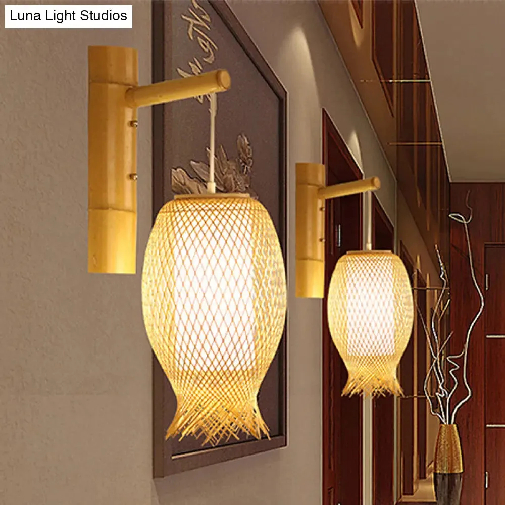 Bamboo Wall Sconce with Asian Style and Beige Oblong Shade - Hand Woven, 1-Bulb Wall Lamp