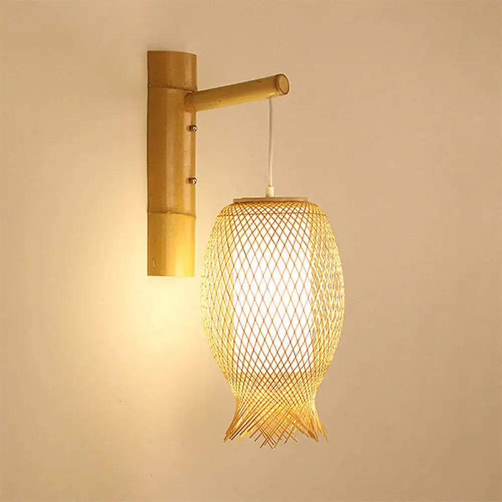 Bamboo Wall Sconce with Asian Style and Beige Oblong Shade - Hand Woven, 1-Bulb Wall Lamp