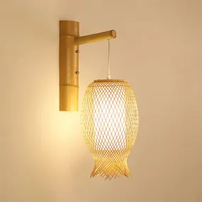 Bamboo Wall Sconce with Asian Style and Beige Oblong Shade - Hand Woven, 1-Bulb Wall Lamp