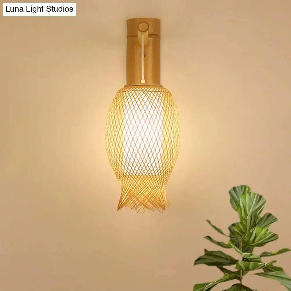 Bamboo Wall Sconce with Asian Style and Beige Oblong Shade - Hand Woven, 1-Bulb Wall Lamp