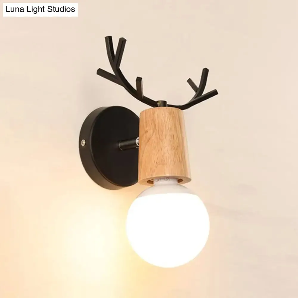 Bare Bulb Sconce with Deer Horn Accent - Modern Black/White Metal and Wood Wall Lamp