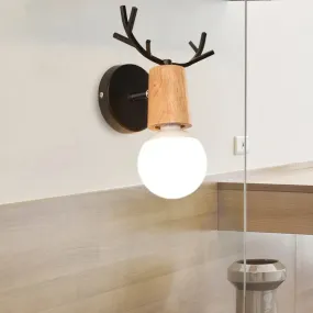 Bare Bulb Sconce with Deer Horn Accent - Modern Black/White Metal and Wood Wall Lamp