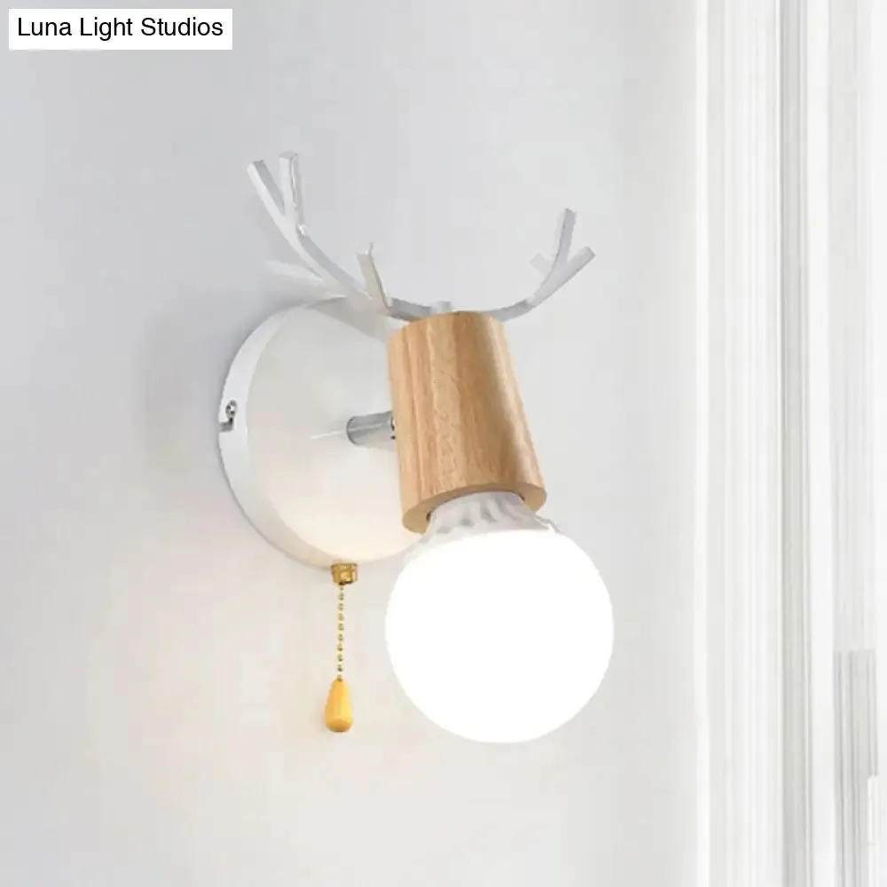 Bare Bulb Sconce with Deer Horn Accent - Modern Black/White Metal and Wood Wall Lamp