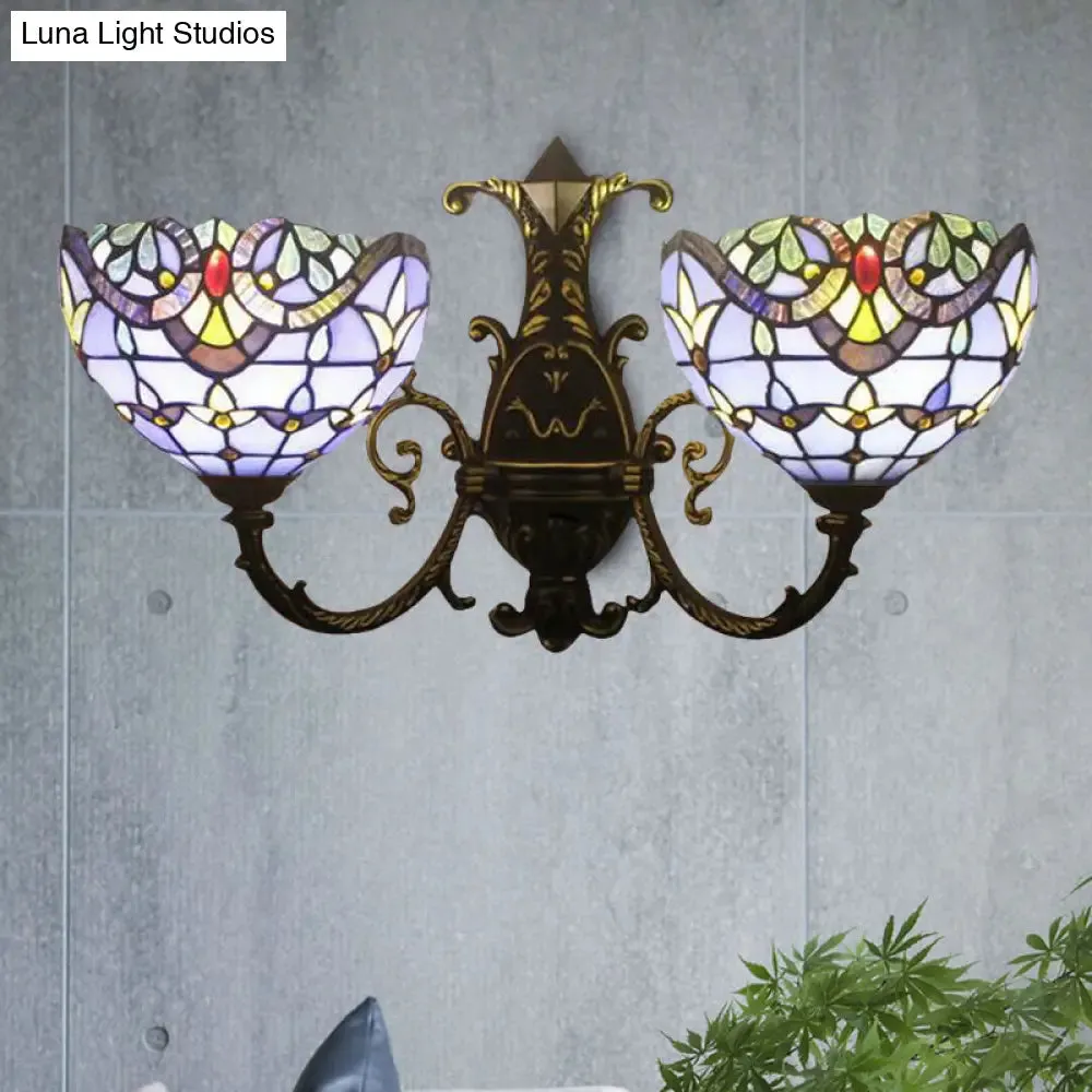 Baroque-Style Stained Glass Double Wall Sconce Lamp in Brown/Blue - Perfect for Dining Room Décor!