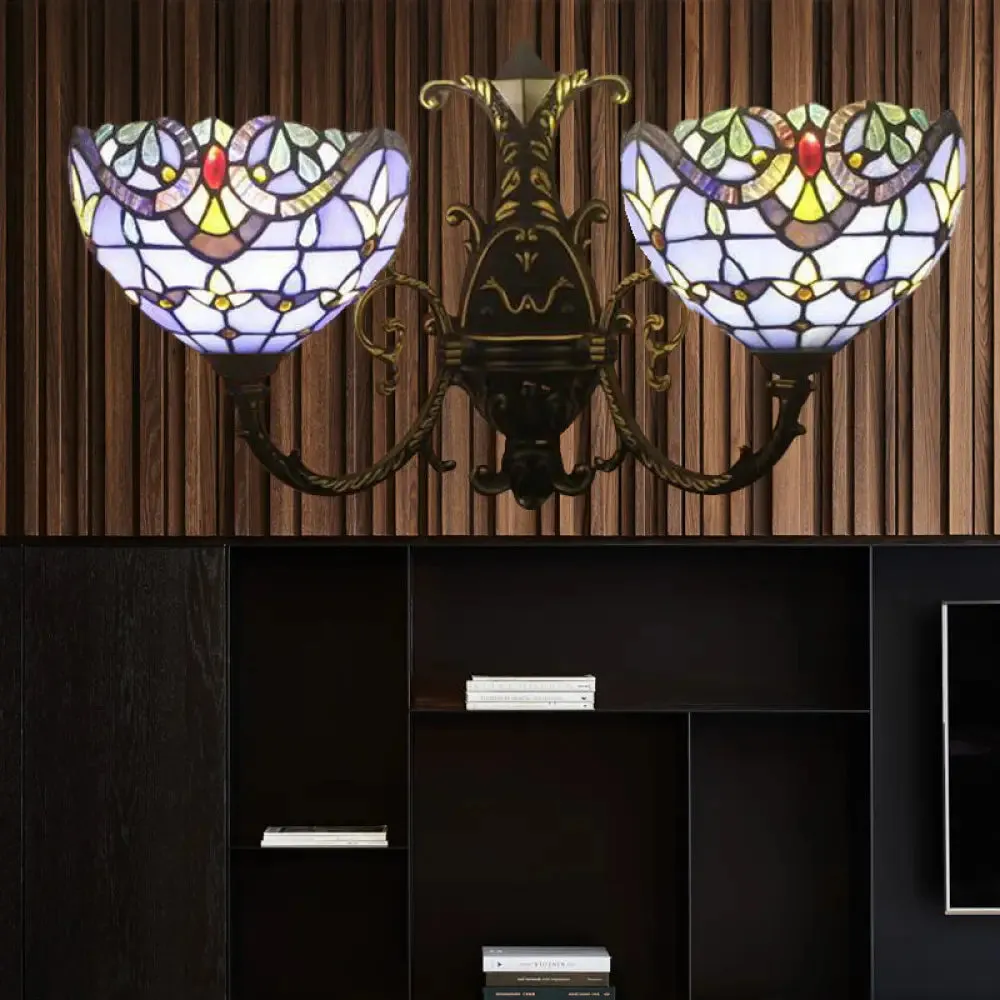 Baroque-Style Stained Glass Double Wall Sconce Lamp in Brown/Blue - Perfect for Dining Room Décor!