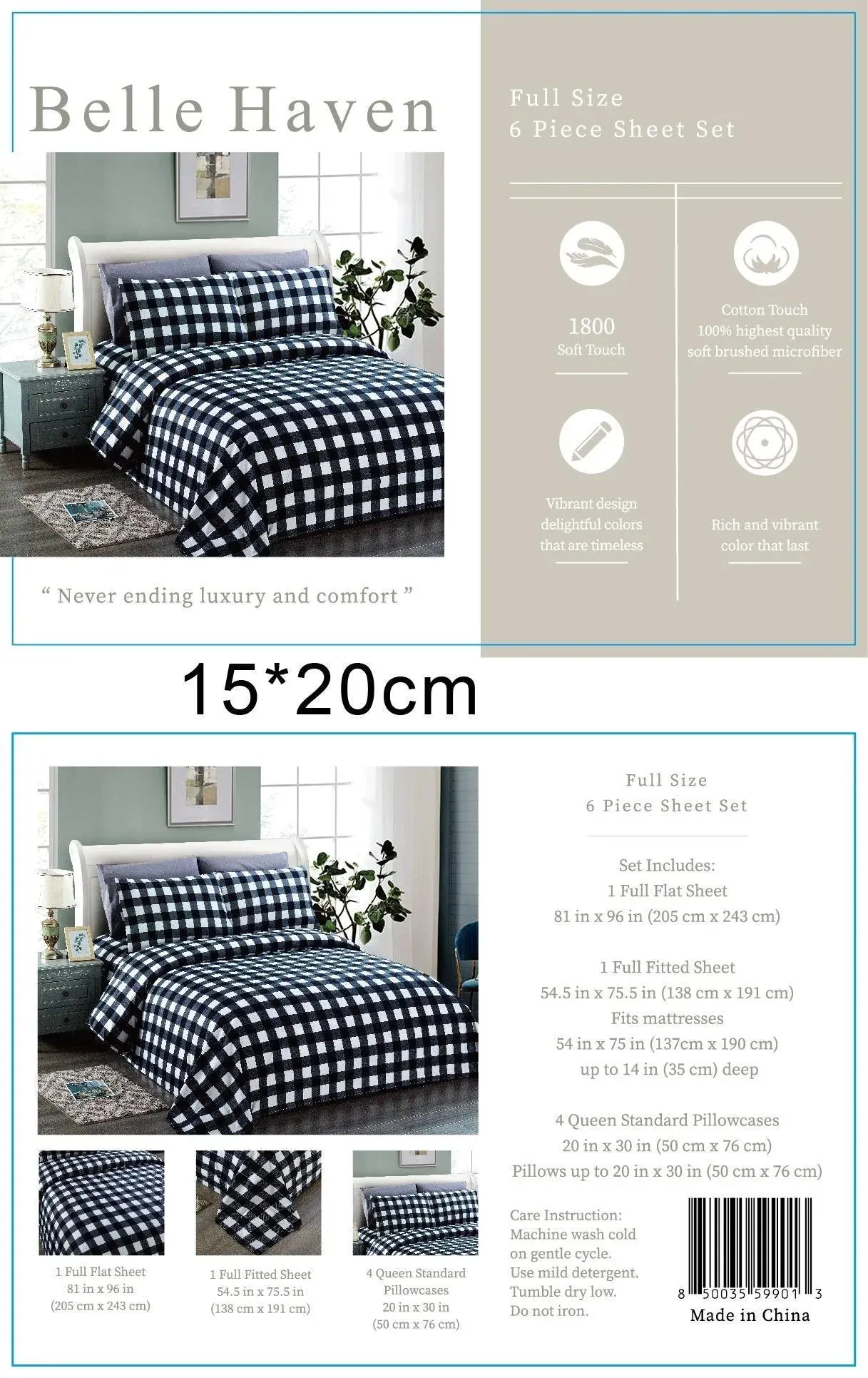 Belle Haven 6 Piece Sheet Set Bedding Set Black/White Checkered