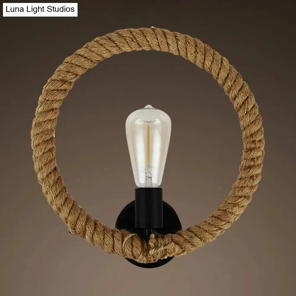 Black Farmhouse Roped Ring Wall Sconce with Open Bulb 1 Light Hallway Lamp