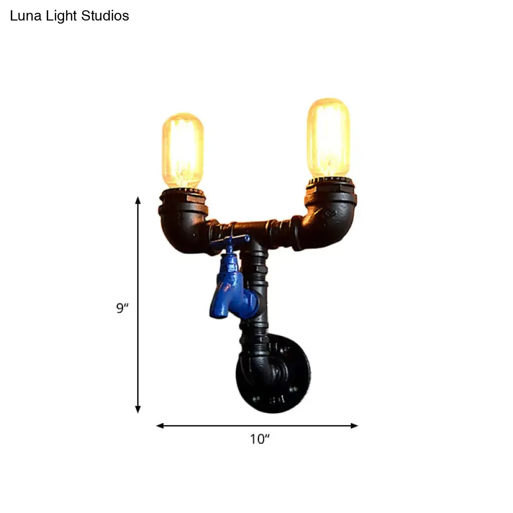 Black Iron Wall Mount Industrial Light with Water Tap Deco - 2 Lights, Perfect for Corridors