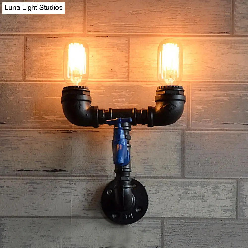 Black Iron Wall Mount Industrial Light with Water Tap Deco - 2 Lights, Perfect for Corridors