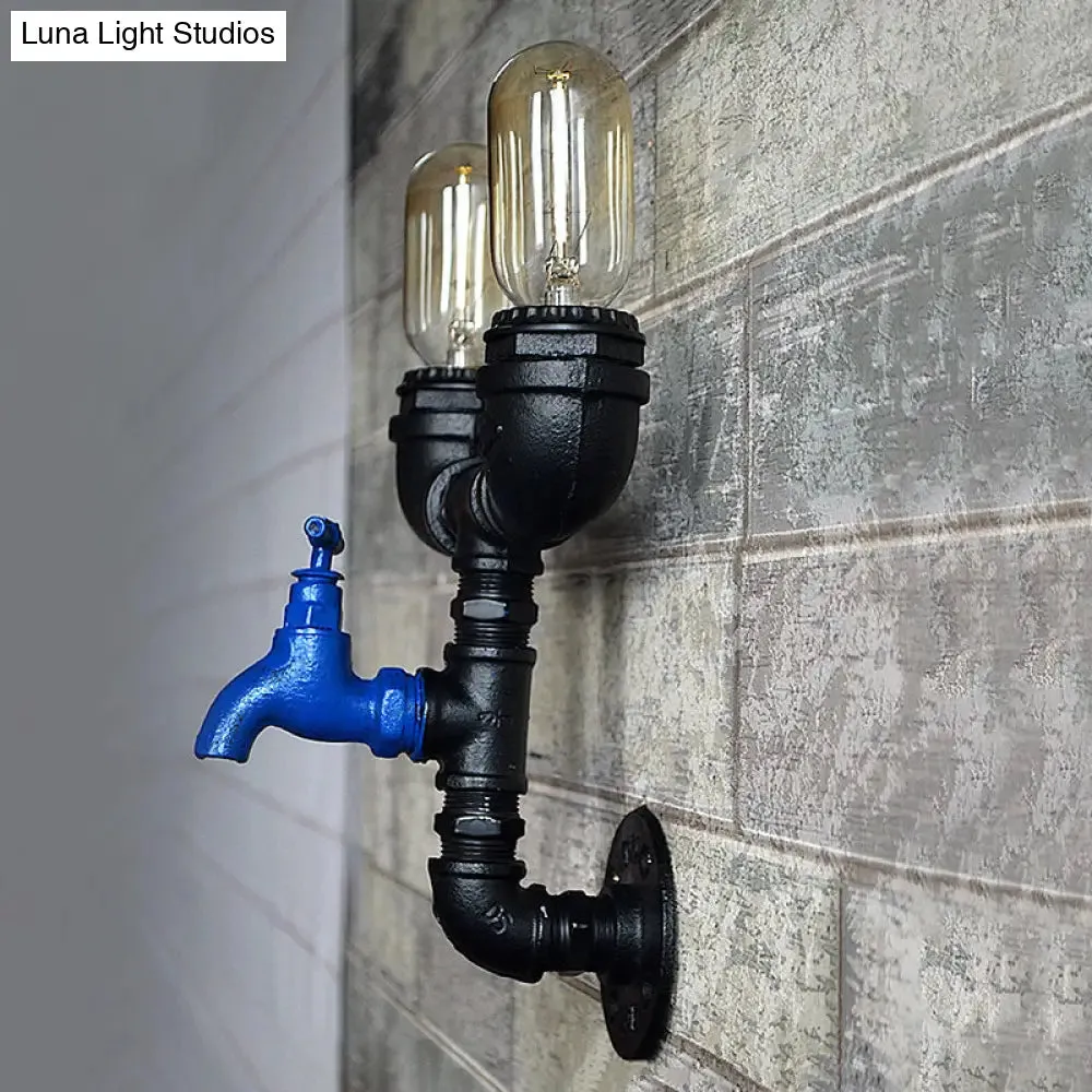 Black Iron Wall Mount Industrial Light with Water Tap Deco - 2 Lights, Perfect for Corridors