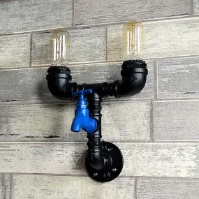 Black Iron Wall Mount Industrial Light with Water Tap Deco - 2 Lights, Perfect for Corridors